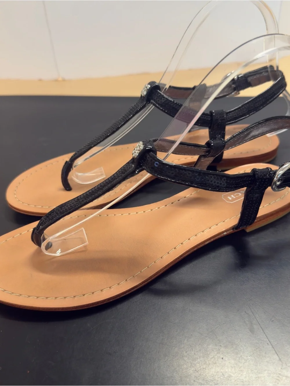 Coach Rolanda Black Leather T-Strap Sandals Size 7